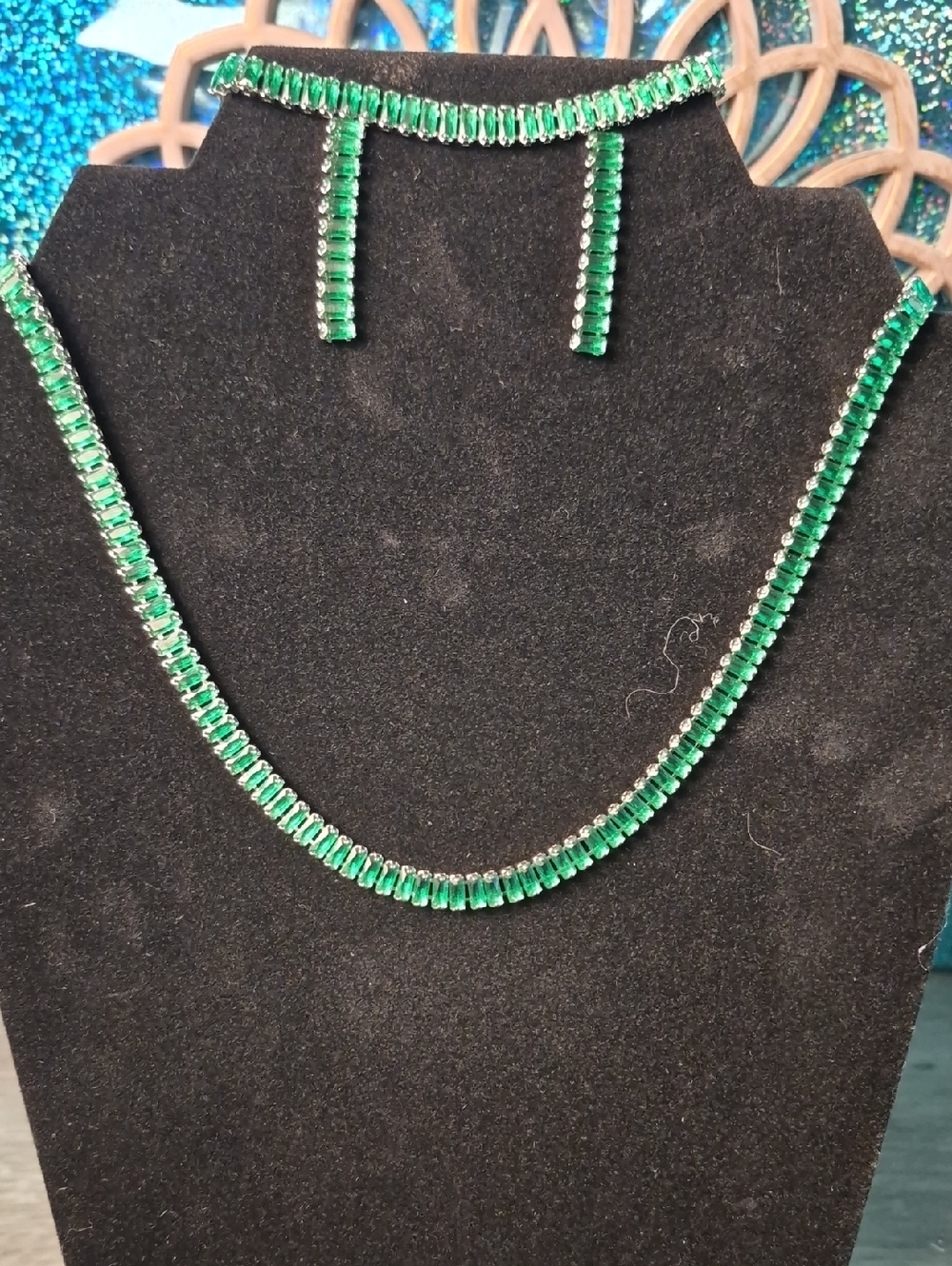 Emerald Green Crystal Tennis Necklace and Earrings Set